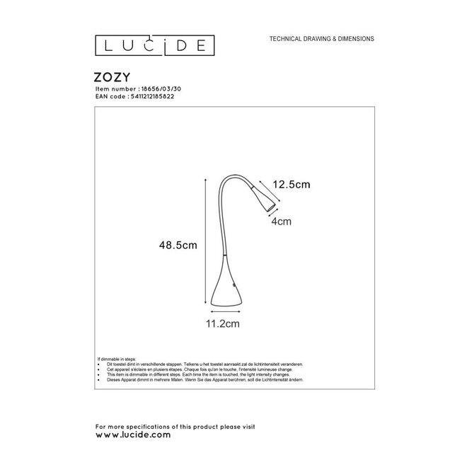 Lucide Zozy - Bureaulamp LED Dimb. 1x3W 3000K 3 StepDim Zwart