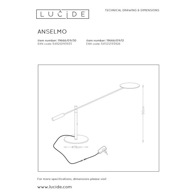 Lucide Anselmo - Bureaulamp Ø 25 cm LED Dimb. 1x9W 3000K Zwart