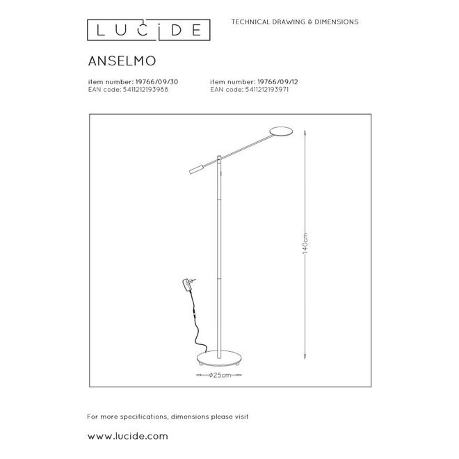 Lucide Anselmo - Leeslamp Ø 25 cm LED Dimb. 1x9W 3000K Mat chroom