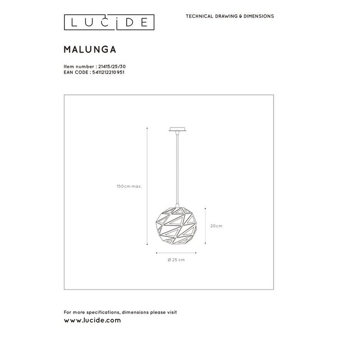 Lucide Malunga - Hanglamp Ø 25 cm 1xE27 Zwart