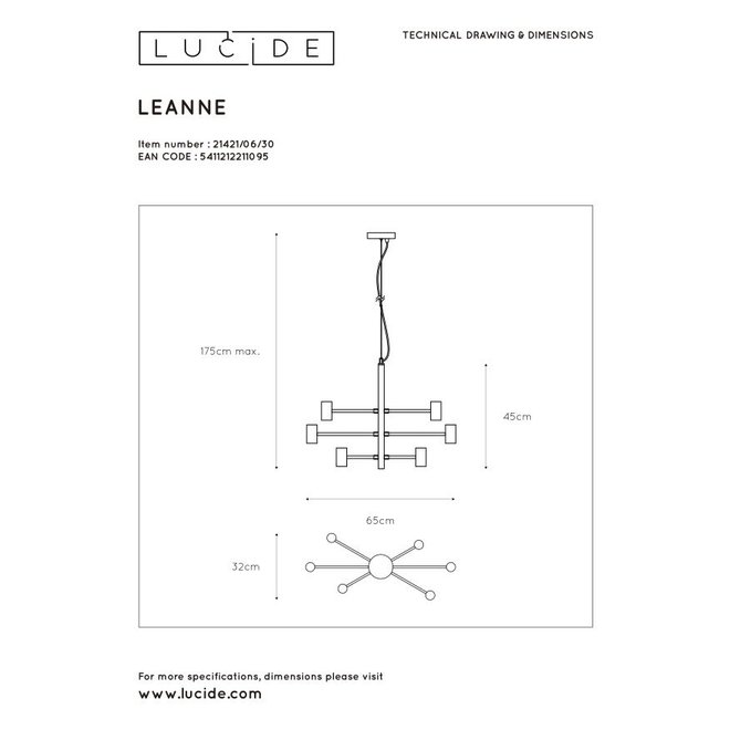 Lucide Leanne - Hanglamp 6xE27 Zwart