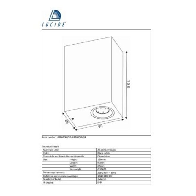 Lucide Zora-led - Wandspot Buiten LED Dimb. GU10 2x5W 3000K IP44 Zwart