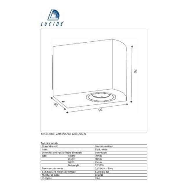Lucide Zora-led - Wandspot Buiten LED Dimb. GU10 1x5W 3000K IP44 Zwart