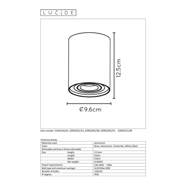 Lucide Tube - Plafondspot Ø 9,6 cm 1xGU10 Mat Goud / Messing