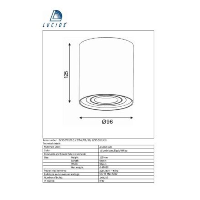 Lucide Tube - Plafondspot Ø 9,6 cm 1xGU10 Wit