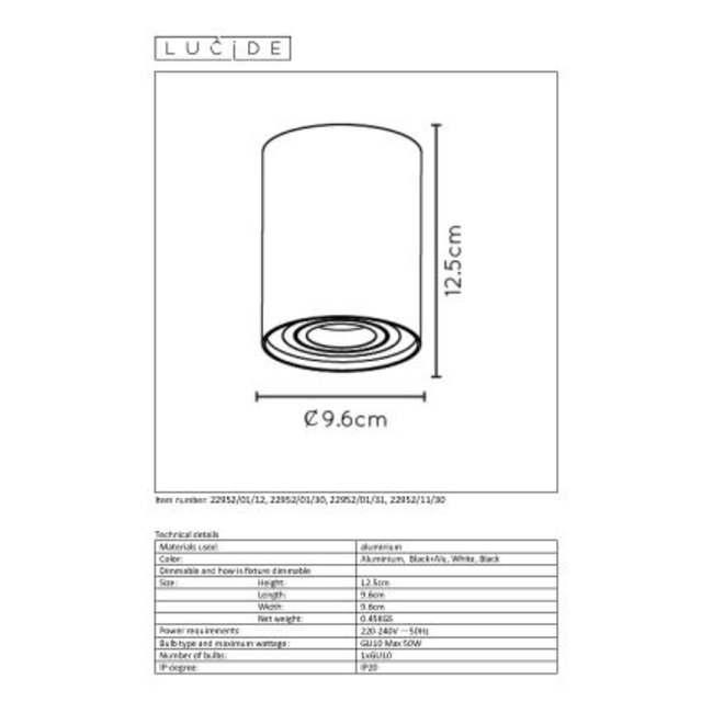 Lucide Tube - Plafondspot Ø 9,6 cm 1xGU10 Zwart