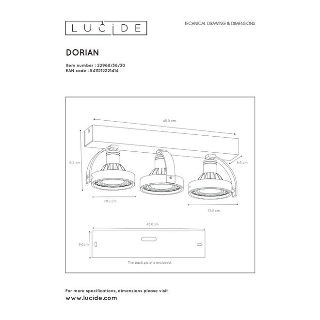 Lucide Dorian - Plafondspot LED Dim to warm GU10 3x12W 2200K/3000K Zwart