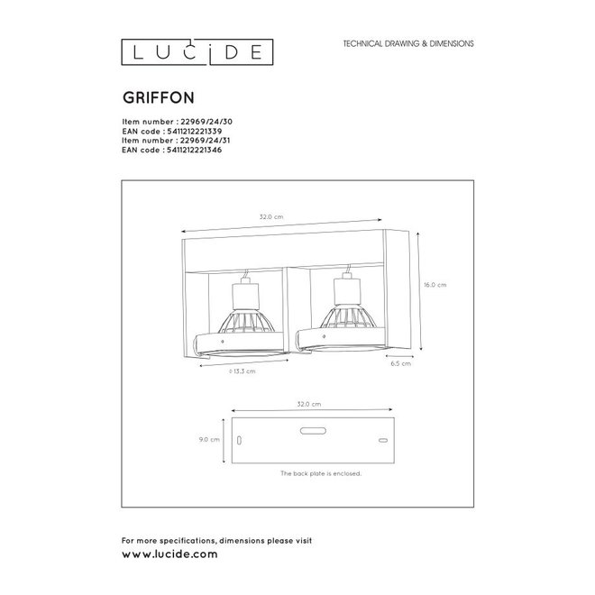 Lucide Griffon - Plafondspot LED Dim to warm GU10 2x12W 2200K/3000K Wit