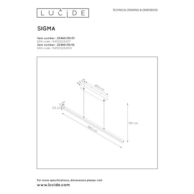 Lucide Sigma - Hanglamp LED Dimb. 1x30W 2700K Wit