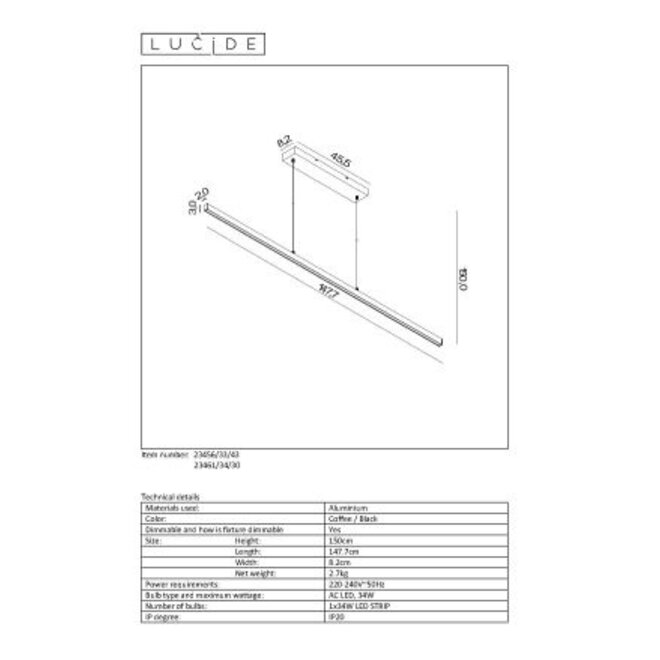 Lucide Sigma - Hanglamp LED Dimb. 1x34W 2700K Zwart