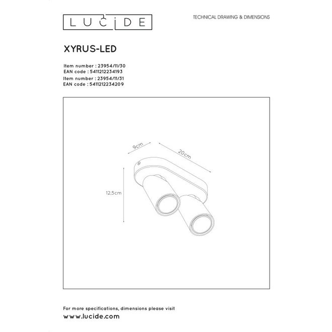 Lucide Xyrus - Plafondspot LED Dim to warm GU10 2x5W 2200K/3000K Wit