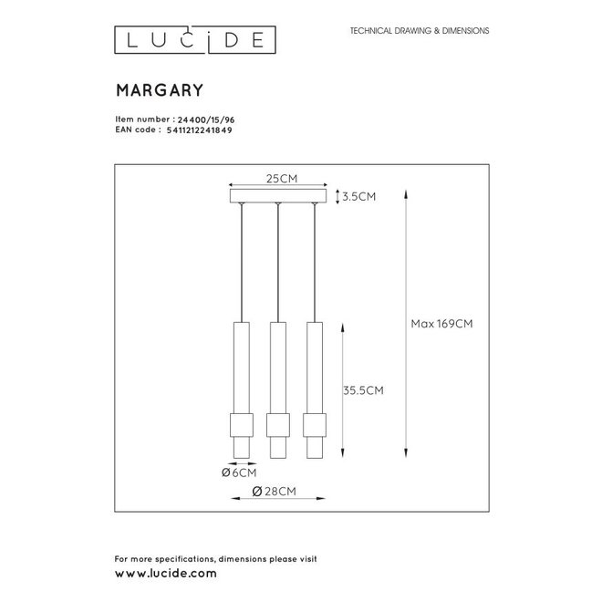 Lucide Margary - Hanglamp Ø 28 cm LED 3x5W 2700K Koffie