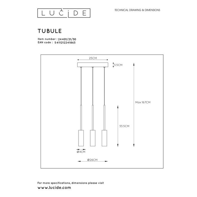 Lucide Tubule - Hanglamp Ø 26 cm LED 3x7W 2700K Zwart