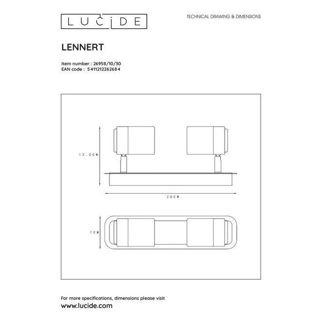 Lucide Lennert - Plafondspot Badkamer LED Dimb. GU10 2x5W 3000K IP44 Zwart