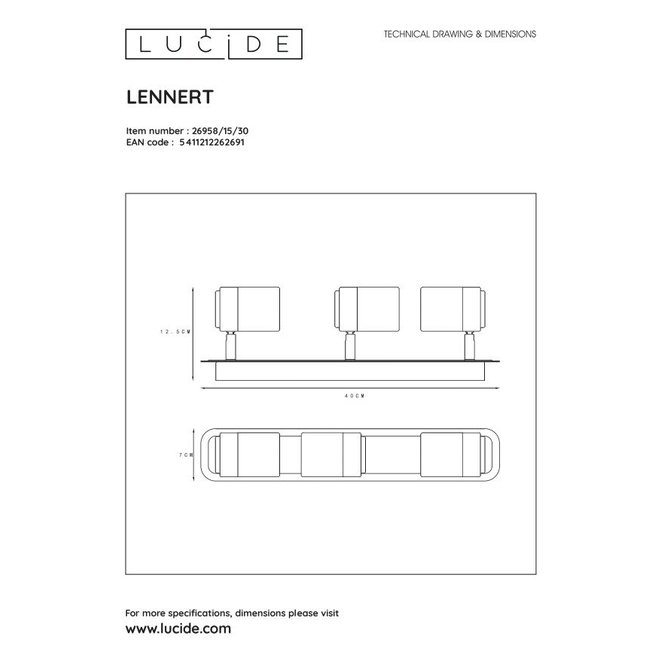 Lucide Lennert - Plafondspot Badkamer LED Dimb. GU10 3x5W 3000K IP44 Zwart