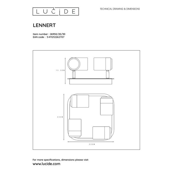 Lucide Lennert - Plafondspot Badkamer LED Dimb. GU10 4x5W 3000K IP44 Zwart
