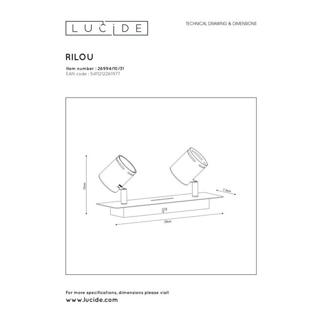 Lucide Rilou - Plafondspot LED Dimb. GU10 2x5W 3000K Wit