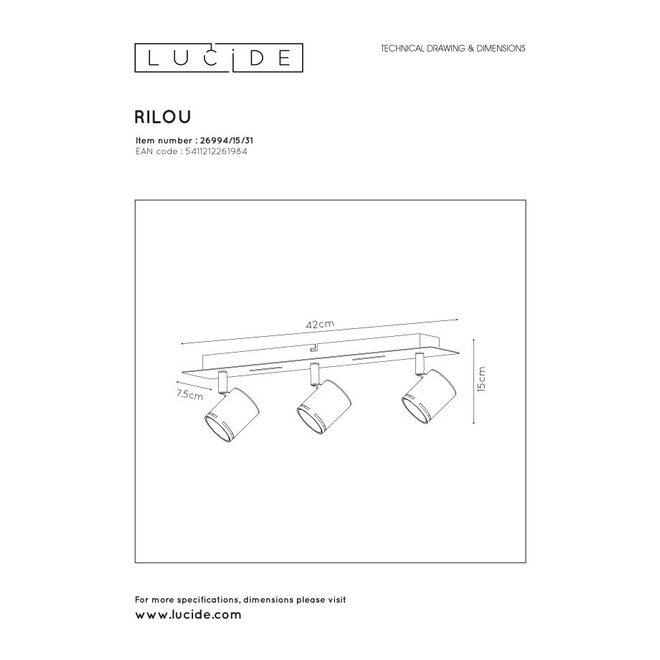 Lucide Rilou - Plafondspot LED Dimb. GU10 3x5W 3000K Wit