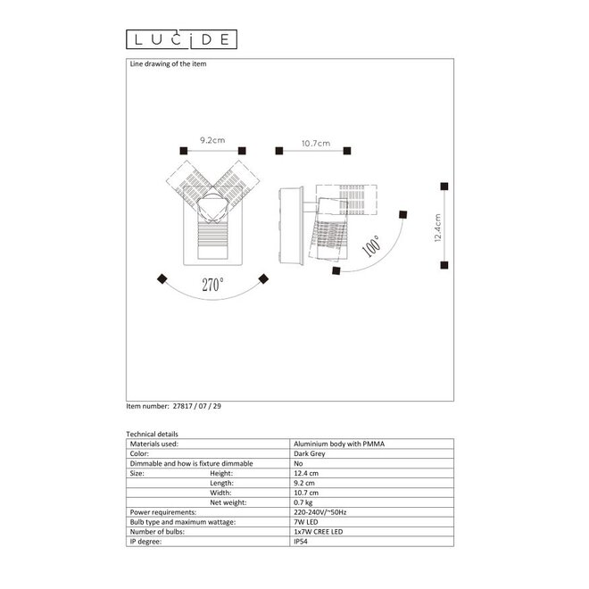 Lucide Bran - Wandspot Buiten LED Dimb. 1x7W 2700K IP54 Antraciet