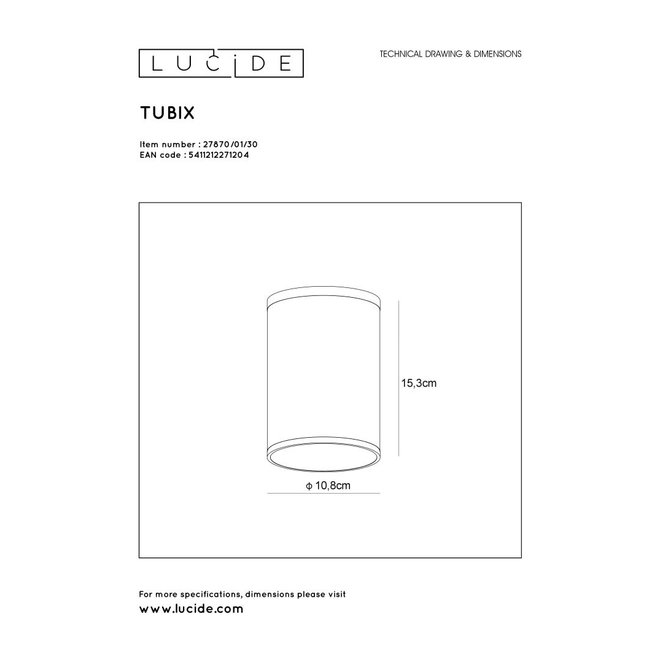 Lucide Tubix - Plafondspot Buiten Ø 10,8 cm 1xE27 IP54 Antraciet