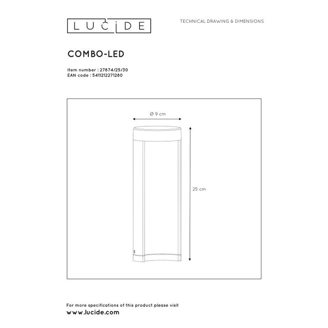 Lucide Combo - Sokkellamp Buiten Ø 9 cm LED 1x7W 3000K IP54 Zwart
