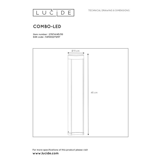 Lucide Combo - Sokkellamp Buiten Ø 9 cm LED 1x7W 3000K IP54 Zwart