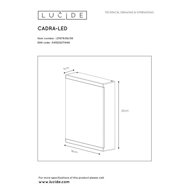 Lucide Cadra - Wandlamp Buiten LED 1x6W 3000K IP54 Zwart