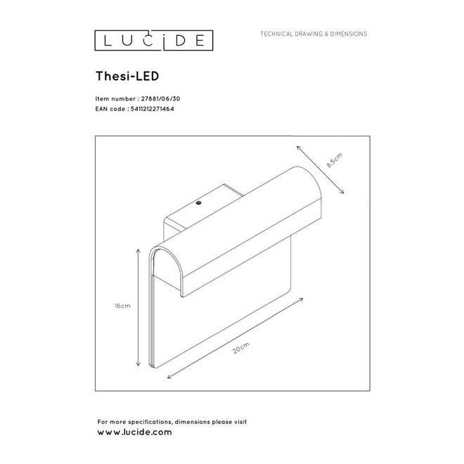 Lucide Thesi Led - Wandlamp Buiten LED 1x6W 3000K IP54 Zwart