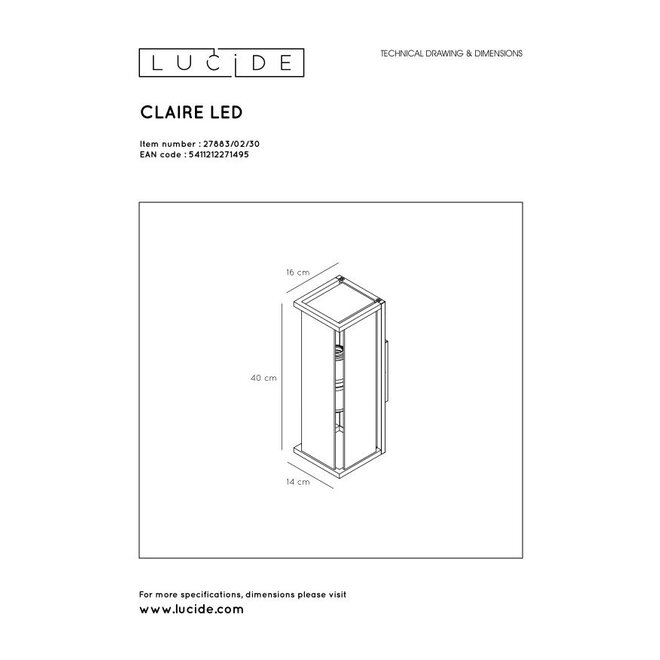 Lucide Claire - Wandlamp Buiten 2xE27 IP54 Antraciet