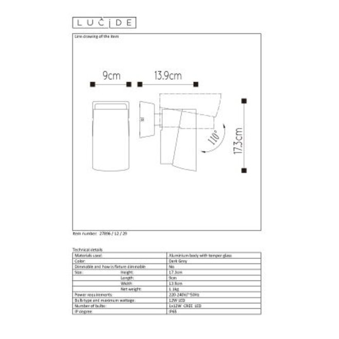 Lucide Manal - Wandspot Buiten LED 1x12W 3000K IP65 Antraciet
