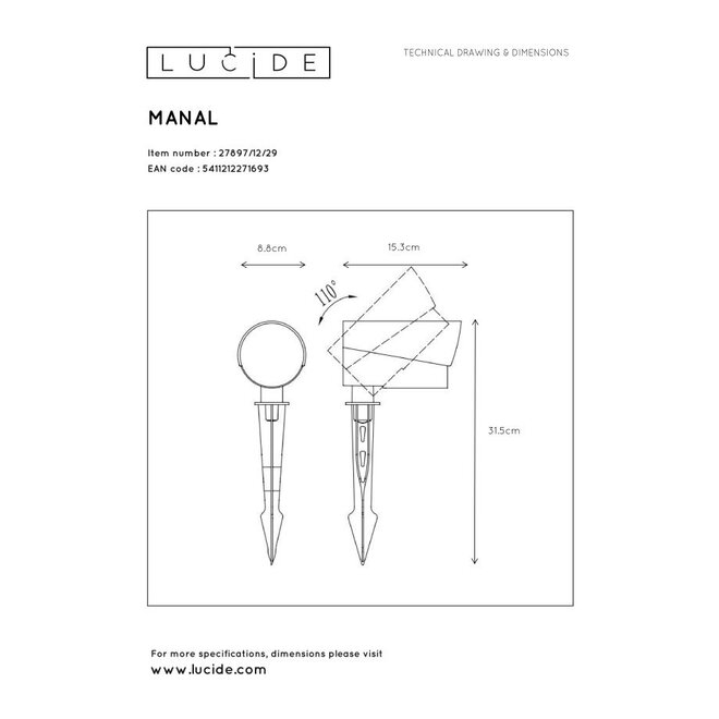 Lucide Manal - Tuinspot Buiten LED 1x12W 3000K IP65 Antraciet