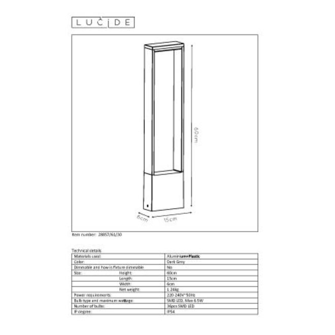Lucide Goa - Sokkellamp Buiten LED 1x6,5W 3000K IP54 Antraciet