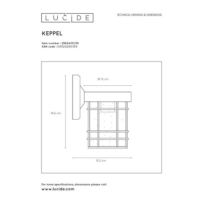 Lucide Keppel - Wandlamp Buiten 1xE27 IP23 Zwart