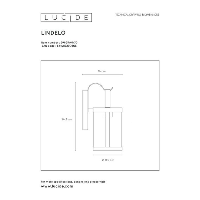 Lucide Lindelo - Wandlamp Buiten 1xE27 IP23 Zwart