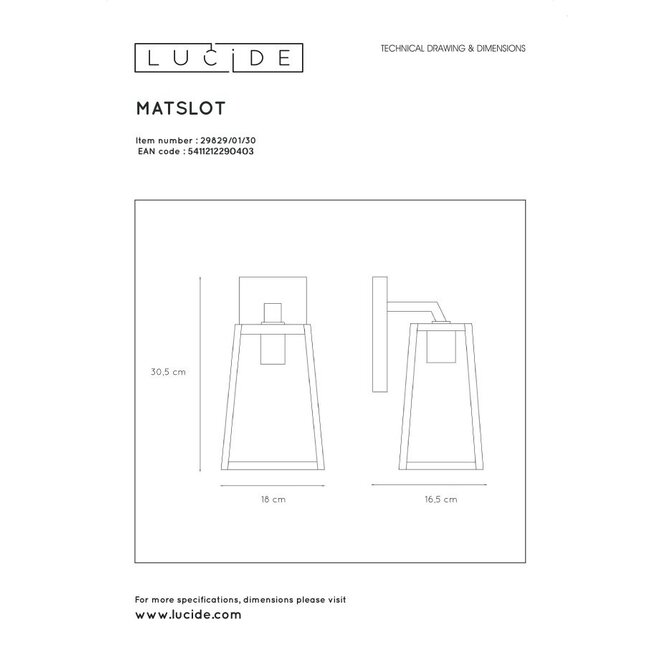 Lucide Matslot - Wandlamp Buiten 1xE27 IP23 Zwart