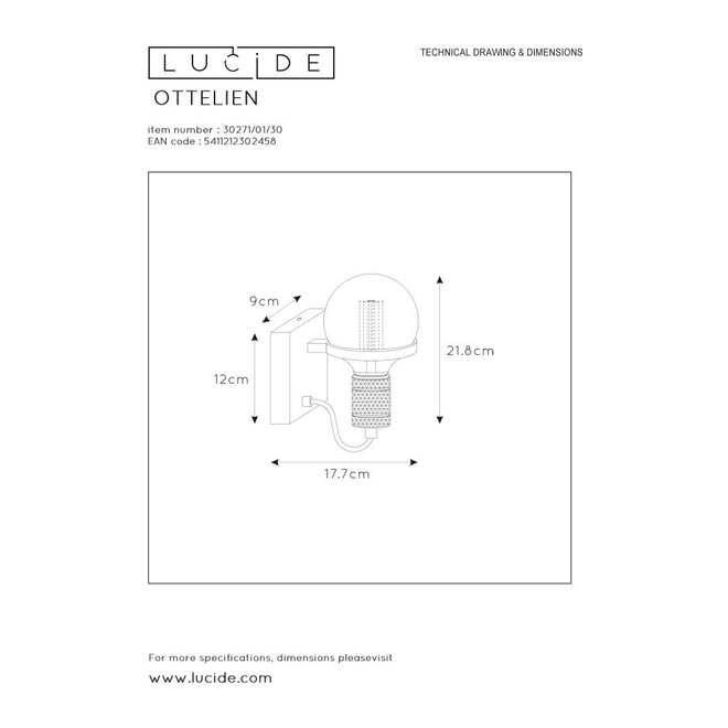 Lucide Ottelien - Wandlamp Ø 17,7 cm 1xE27 Zwart