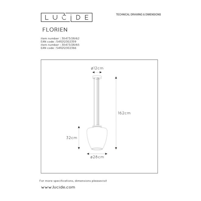 Lucide Florien - Hanglamp Ø 28 cm 1xE27 Fumé
