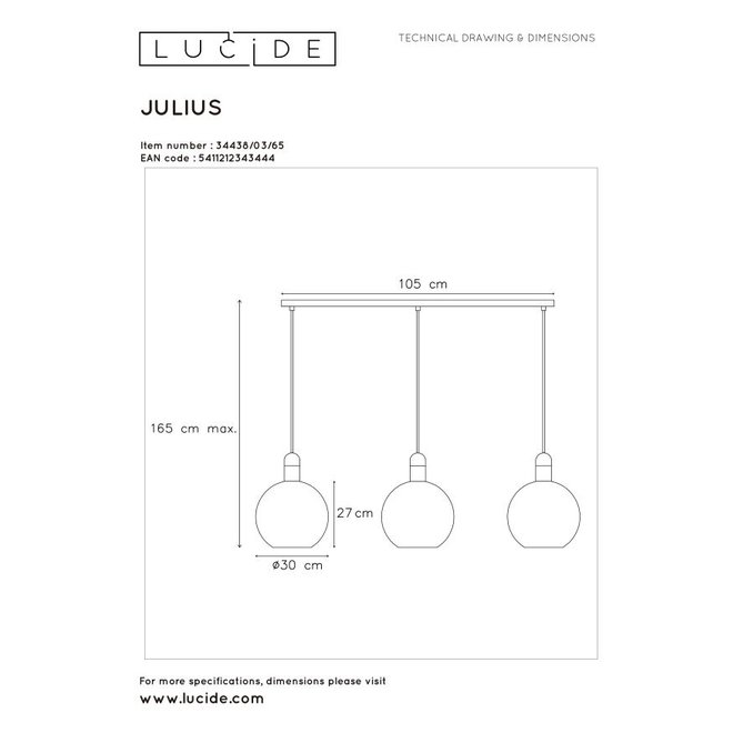 Lucide Julius - Hanglamp 3xE27 Fumé