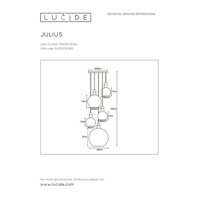 Lucide Julius - Hanglamp 5xE27 Fumé