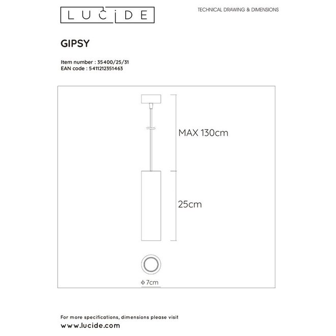 Lucide Gipsy - Hanglamp Ø 7 cm 1xGU10 Wit
