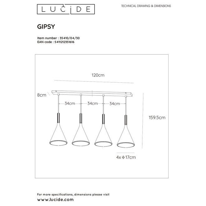Lucide Gipsy - Hanglamp 4xE27 Zwart