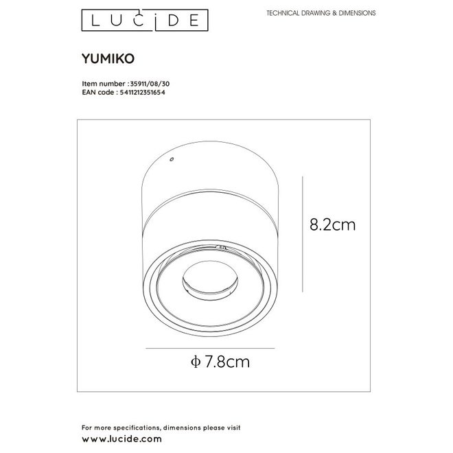 Lucide Yumiko - Plafondspot Ø 7,8 cm LED Dimb. 1x8W 2700K Zwart