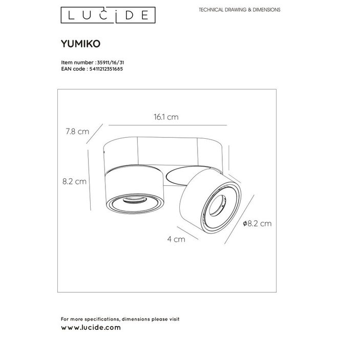 Lucide Yumiko - Plafondspot Ø 7,8 cm LED Dimb. 2x8W 2700K Wit