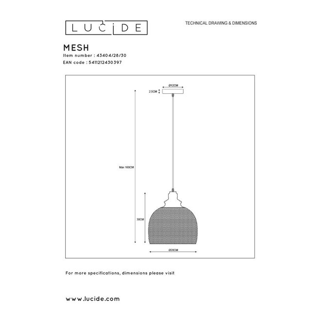 Lucide Mesh - Hanglamp Ø 28 cm 1xE27 Zwart