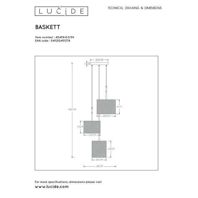 Lucide Baskett - Hanglamp 3xE27 Zwart