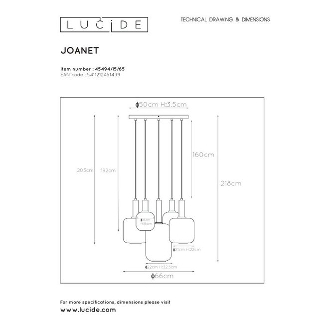 Lucide Joanet - Hanglamp Ø 71 cm 5xE27 Fumé