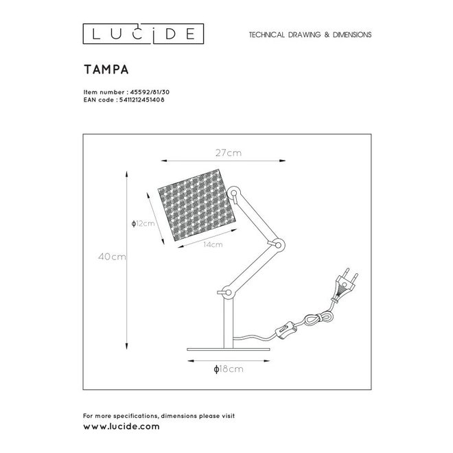 Lucide Tampa - Tafellamp 1xE27 Zwart