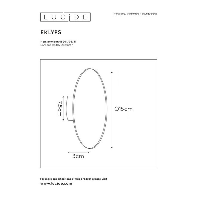 Lucide Eklyps Led - Wandlamp Ø 15 cm LED 1x6W 3000K Wit
