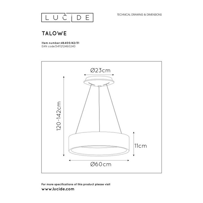 Lucide Talowe Led - Hanglamp Ø 60 cm LED Dimb. 1x39W 3000K Wit