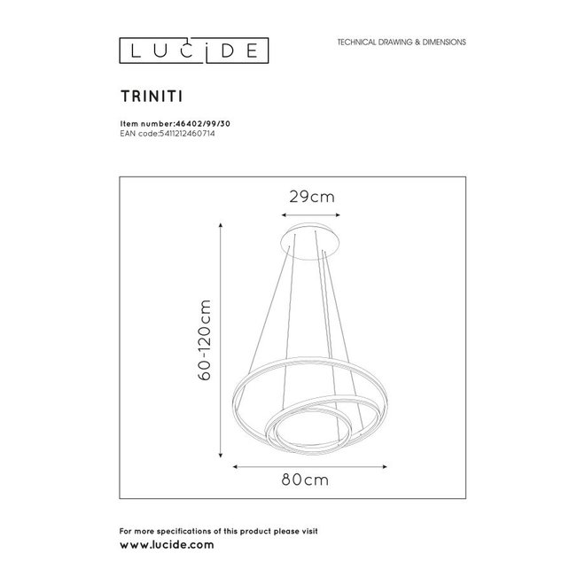Lucide Triniti - Hanglamp Ø 80 cm LED Dimb. 3000K Zwart